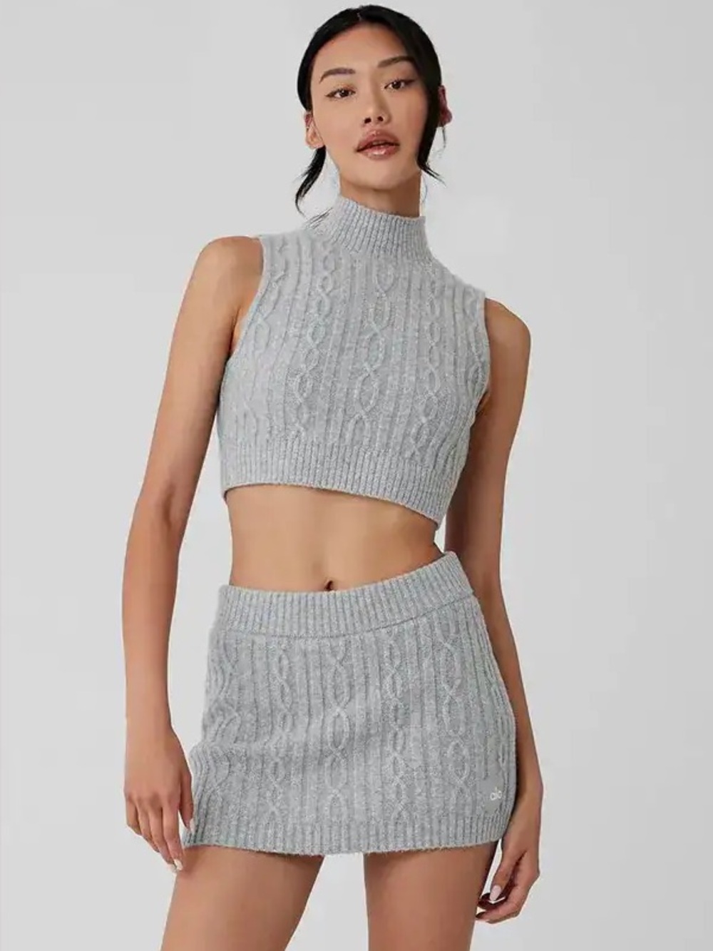 ALO YOGA Cable Knit Winter Bliss Mock Neck Tank Top, sz M, Athletic Heather Gray
